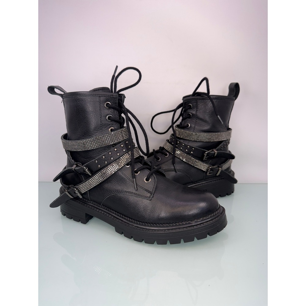 Steve Madden Captain Combat Boots Black Leather Studded Buckle Moto Size 7